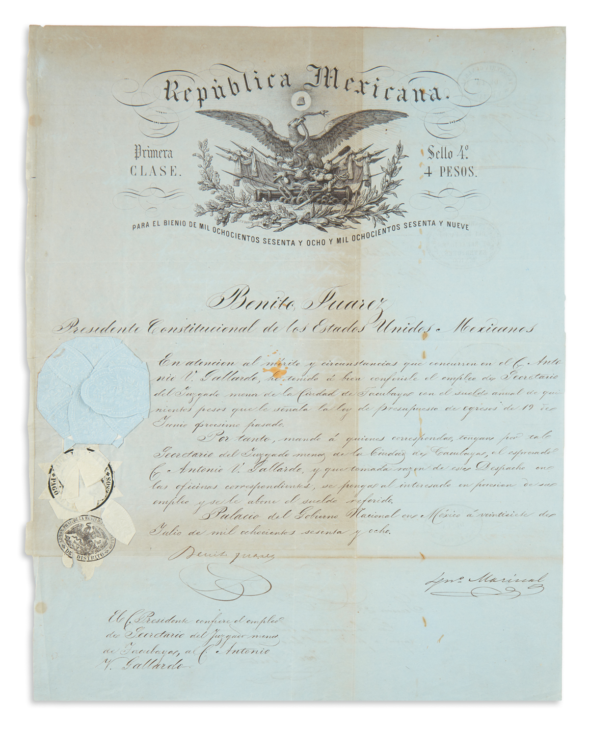 JUÁREZ, BENITO. Partly-printed Document Signed, as President, appointing C. Antonio V. Gollardo Secretary of the minor court in the cit